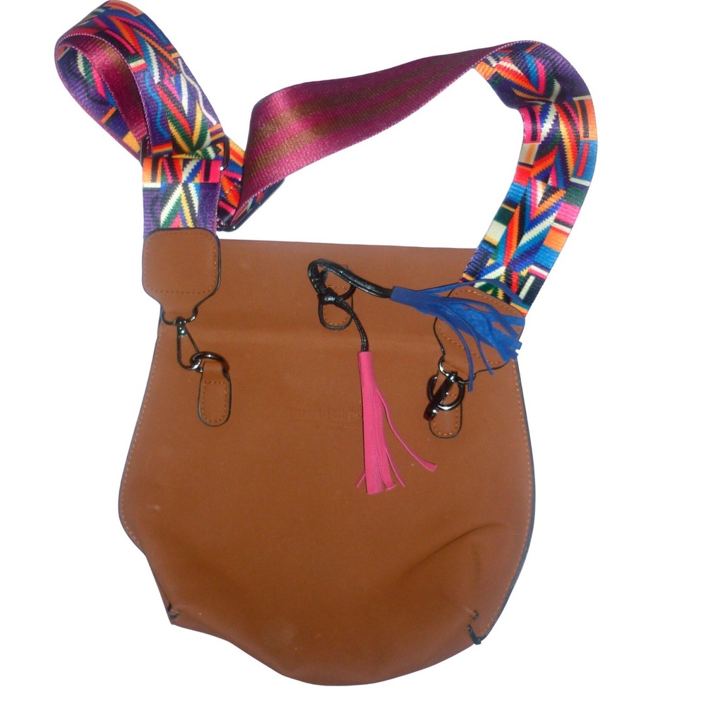 Threaded Pear Cognac Vegan Leather Crossbody Bag Guitar‎ Strap Tribal Tassel